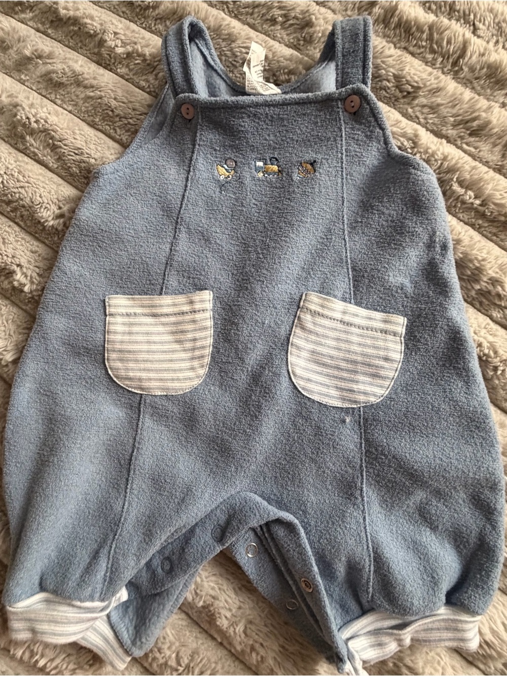 Vintage Blue Baby Terry Romper with Striped Pockets